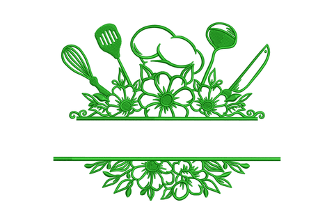 Floral chef hat kitchen utensils embroidery in dark green, tall toque chef hat with whisk spatula ladle and knife above a daisy flower shelf base, single colour machine embroidery