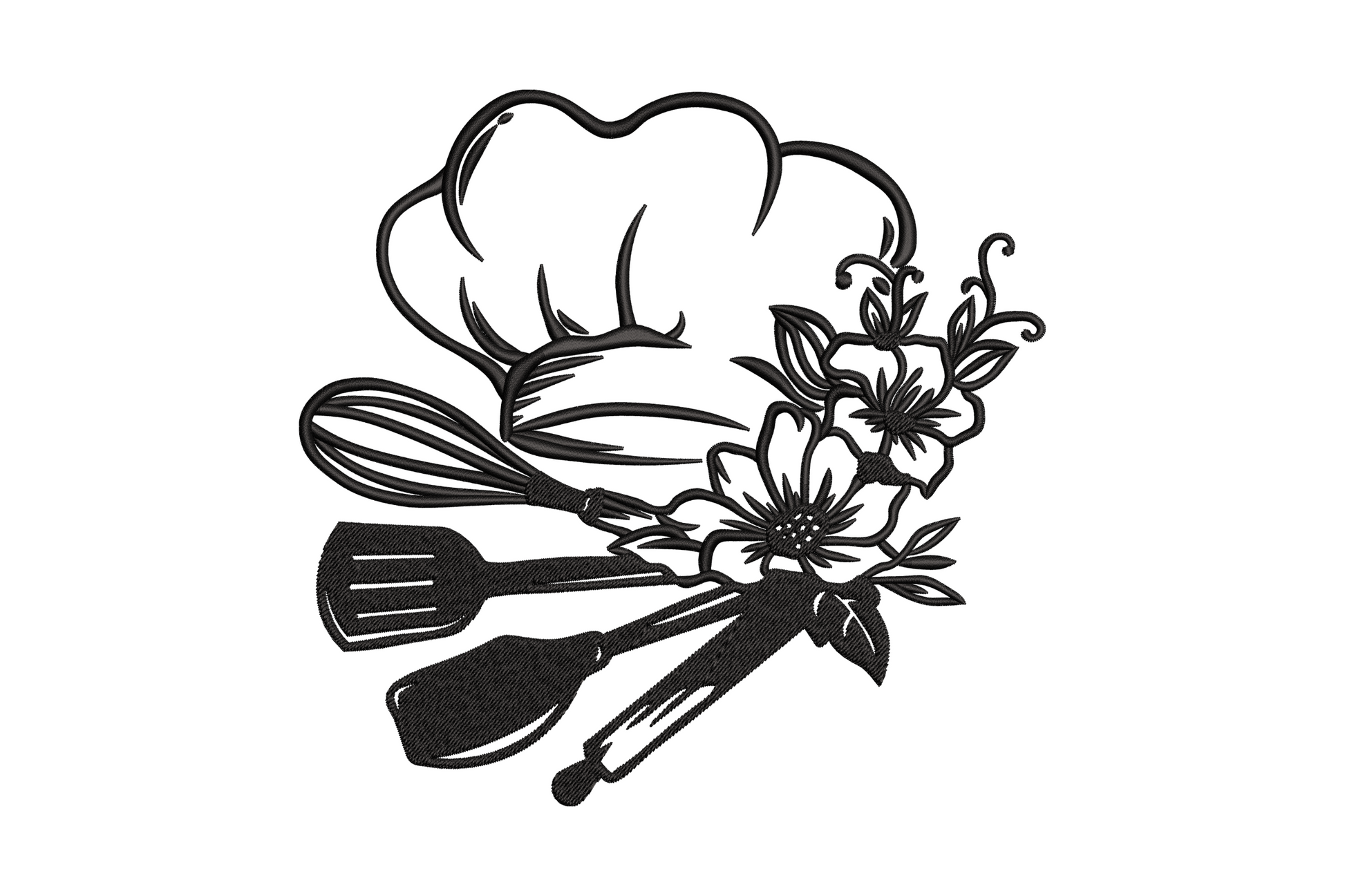 Floral chef hat embroidery design with crossed whisk and spatula, blooms and leaves, single black colour, kitchen theme