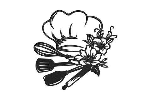 Floral chef hat embroidery design with crossed whisk and spatula, blooms and leaves, single black colour, kitchen theme
