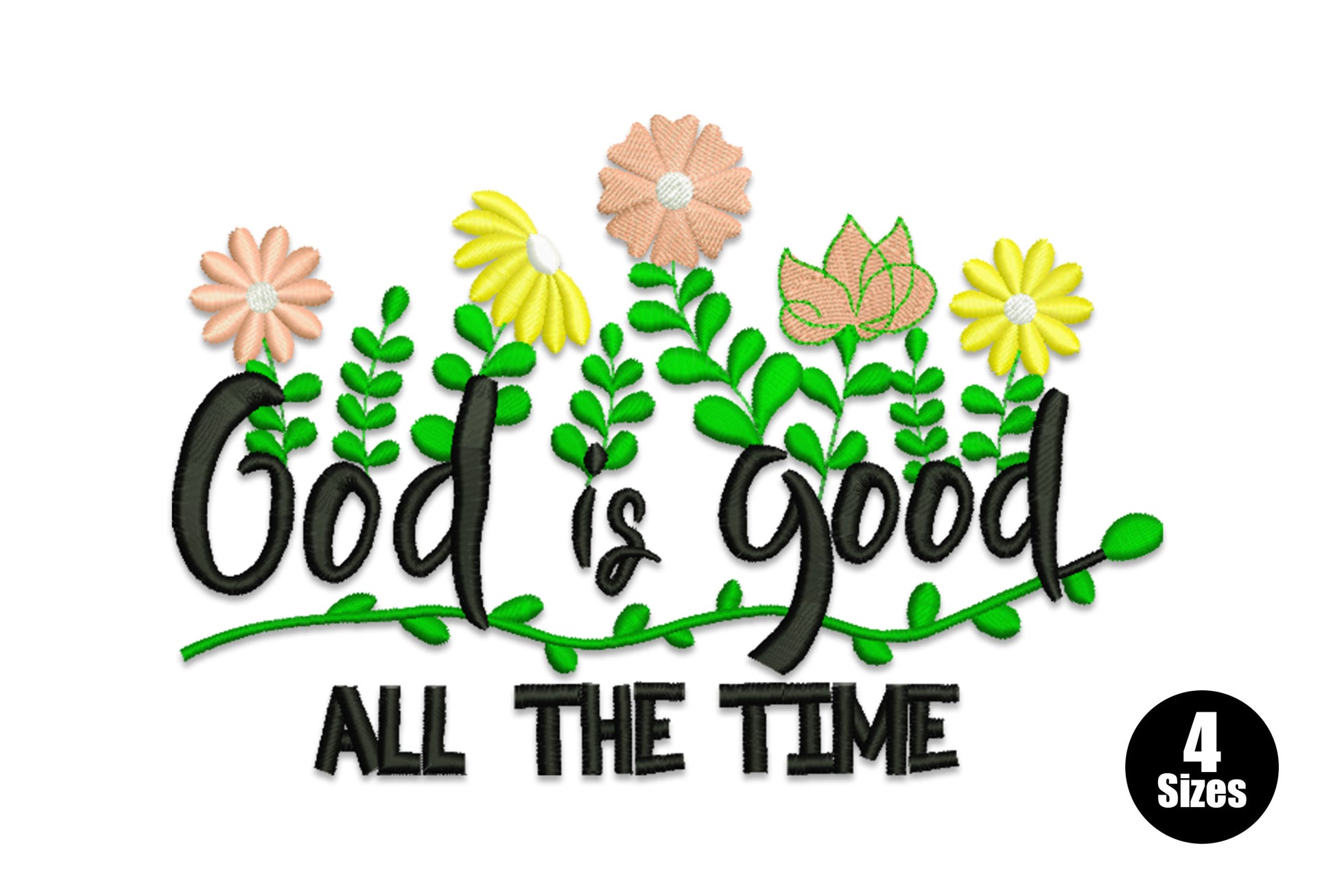 Floral Christian quote embroidery reading God is Good All the Time with yellow and pink wildflowers growing around the script lettering.
