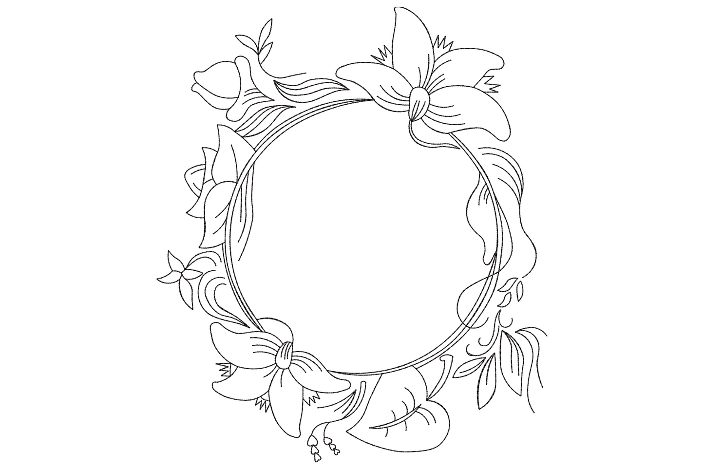Floral circle frame embroidery design with lily blooms, leaves and ribbon bow at base, open centre for monogram or text, outline style.