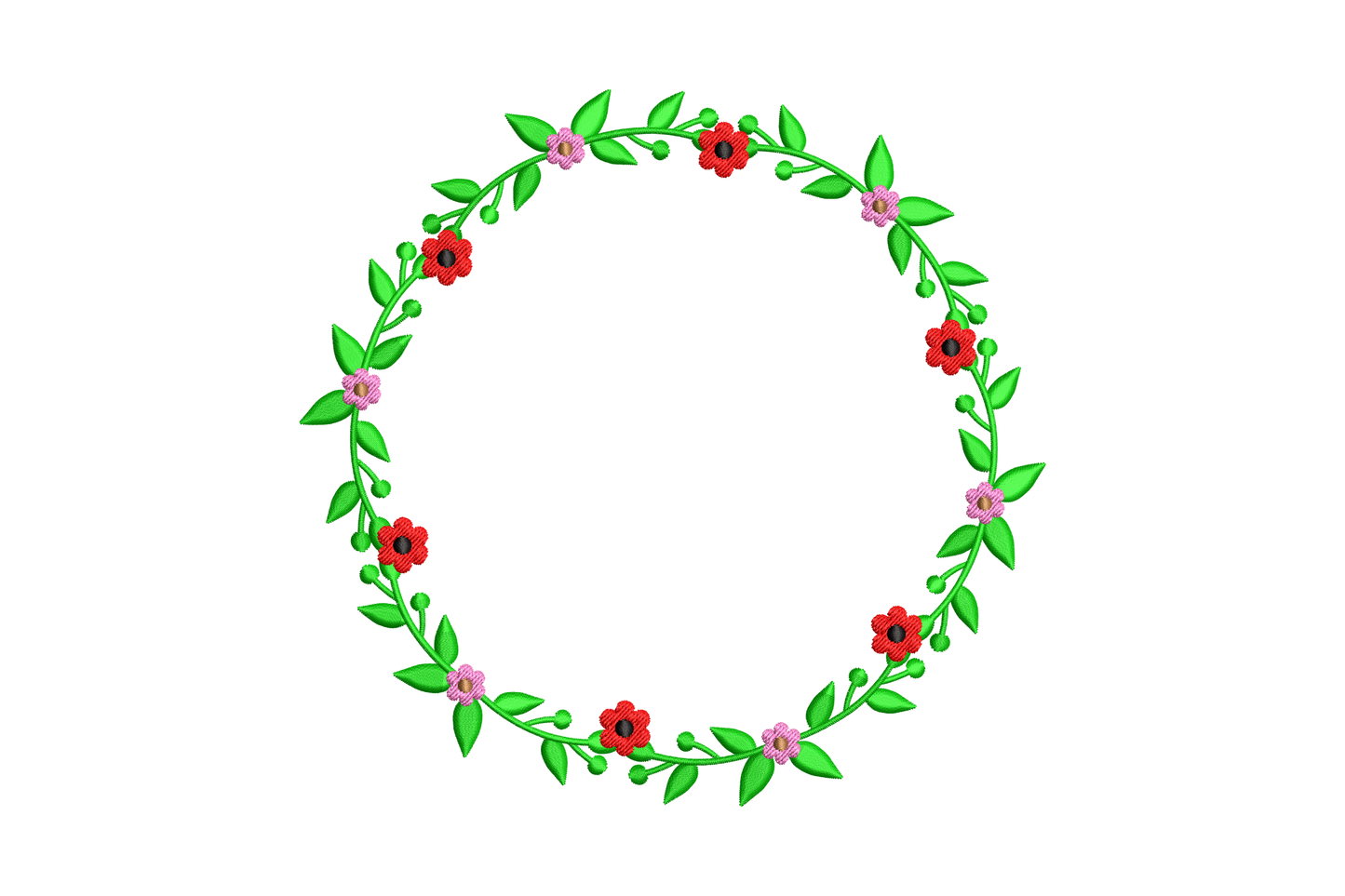 Floral circle wreath embroidery with red poppies, pink flowers and green leaves in 5 colours, structured ring shape, 4 to 6 inch sizes.