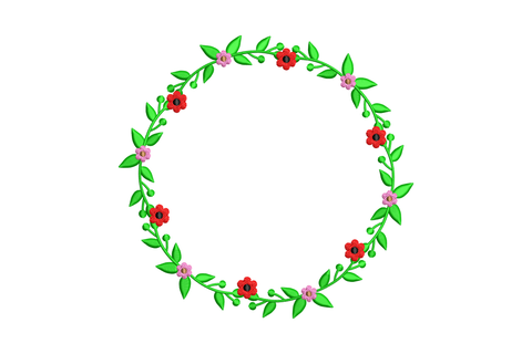 Floral circle wreath embroidery with red poppies, pink flowers and green leaves in 5 colours, structured ring shape, 4 to 6 inch sizes.