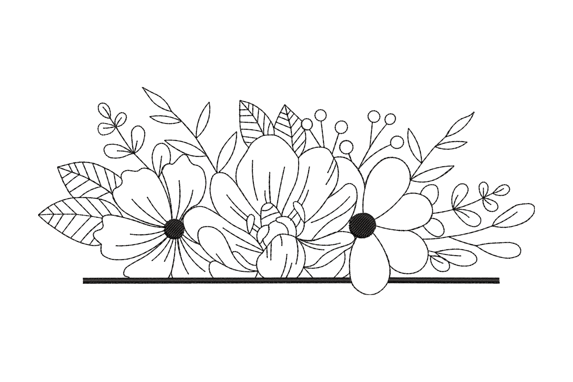 Floral cluster outline border embroidery in black with open blooms, berry sprigs and botanical leaves in a loose illustrative strip.
