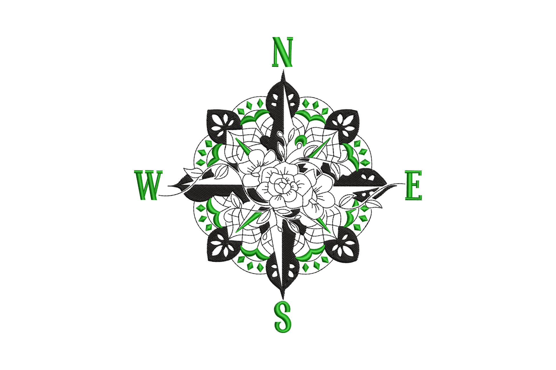 Floral compass rose embroidery, compass with botanical mandala centre and green cardinal letters, 3 color design