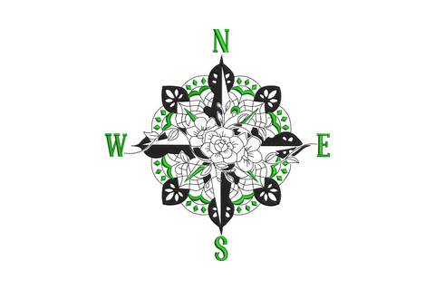 Floral compass rose embroidery, compass with botanical mandala centre and green cardinal letters, 3 color design