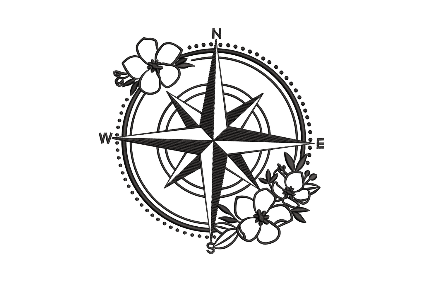 Floral compass rose embroidery design with botanical flower fill in black and gold thread line art style.