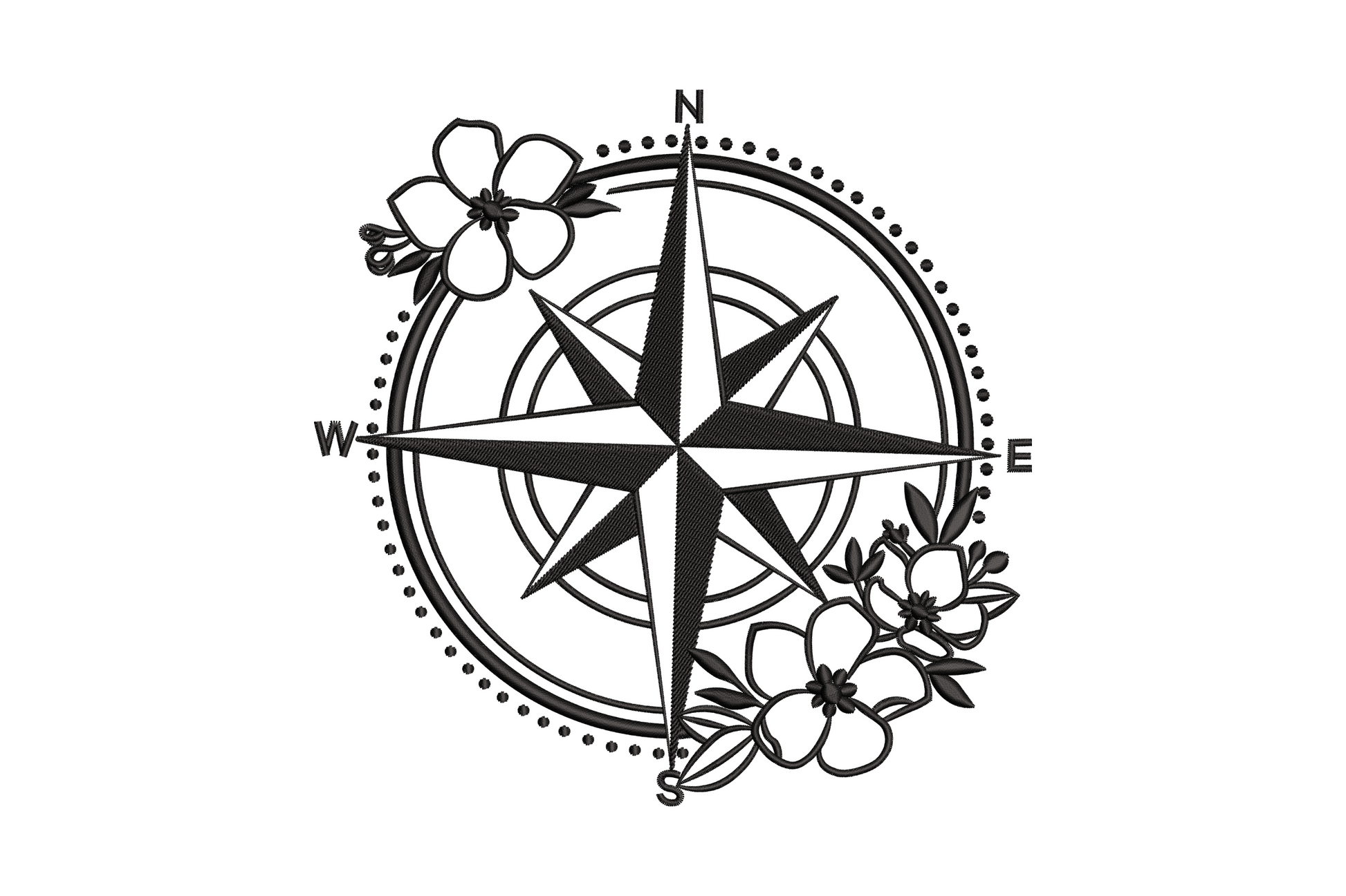 Floral compass rose embroidery design with botanical flower fill in black and gold thread line art style.