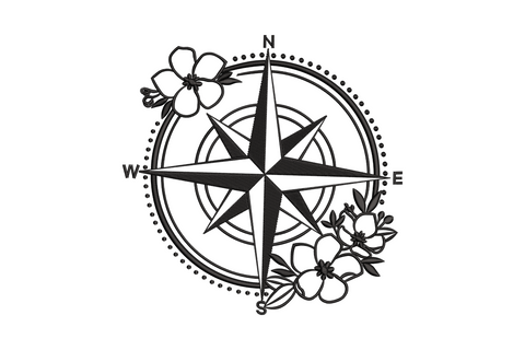 Floral compass rose embroidery design with botanical flower fill in black and gold thread line art style.