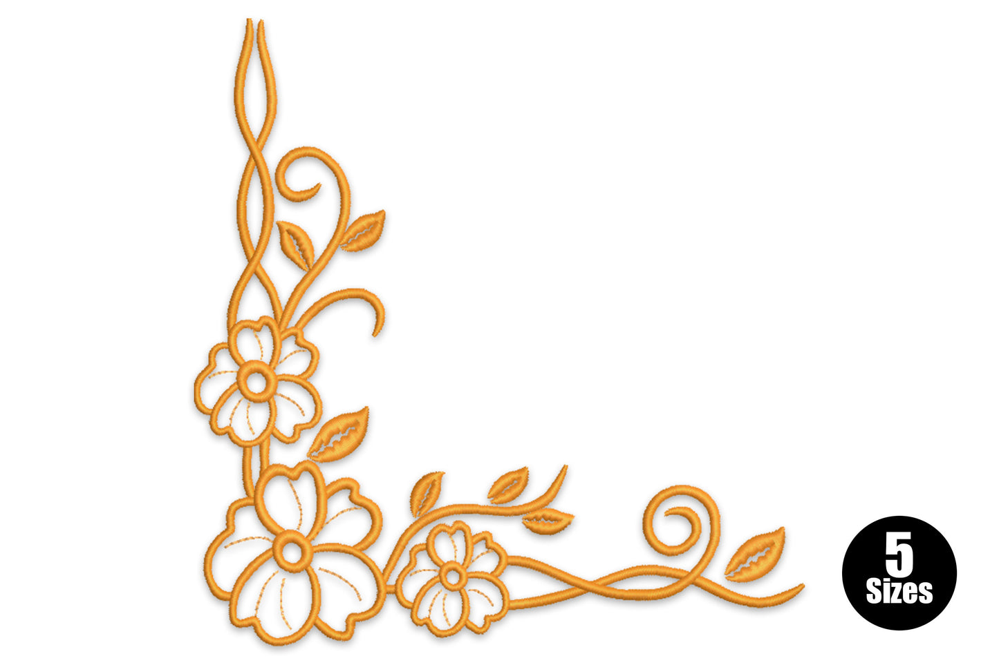 Floral corner vine embroidery design with three daisy blooms, scrolling golden vine stem and pointed leaves in an L-shaped corner arrangement.
