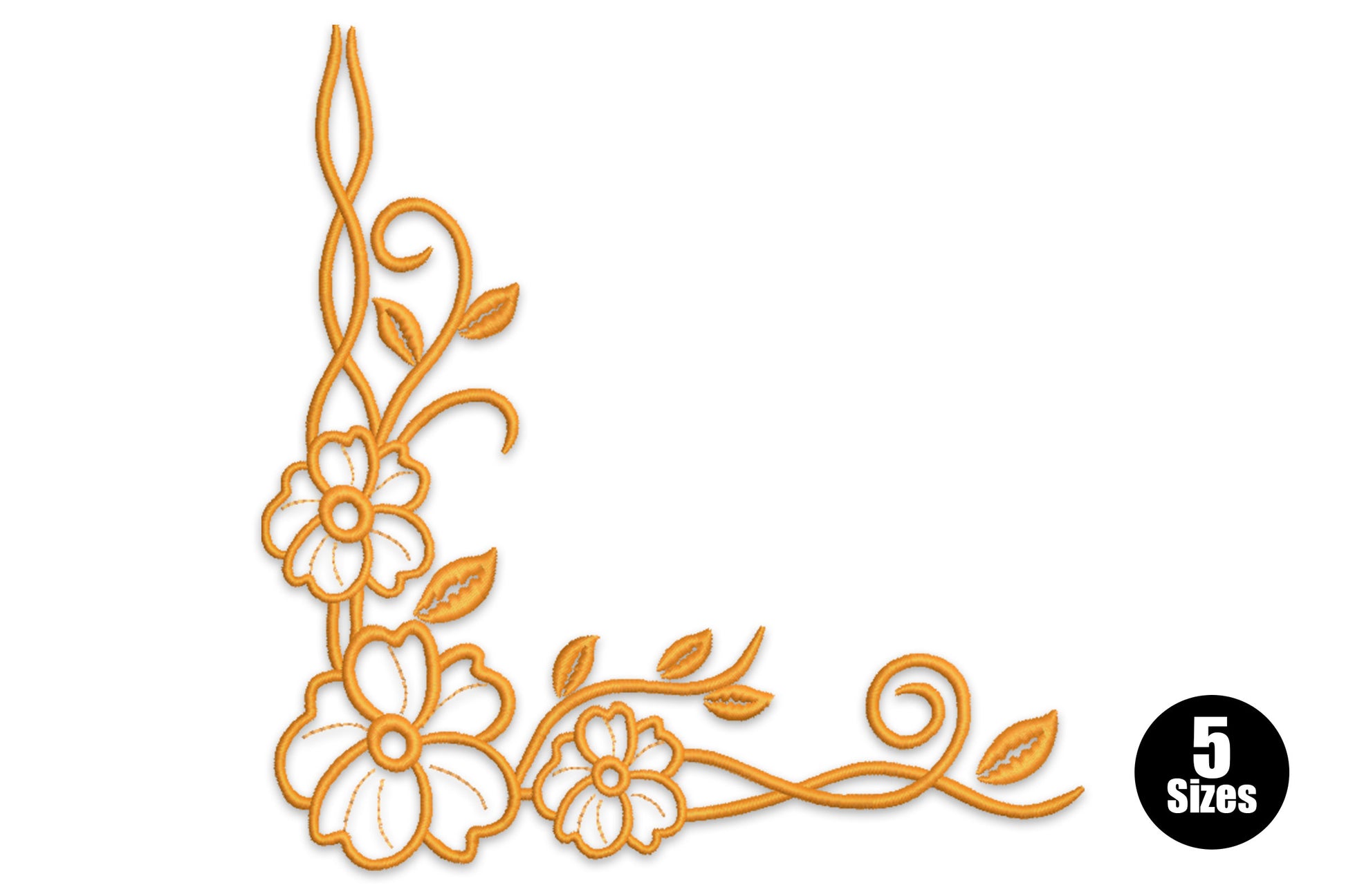 Floral corner vine embroidery design with three daisy blooms, scrolling golden vine stem and pointed leaves in an L-shaped corner arrangement.