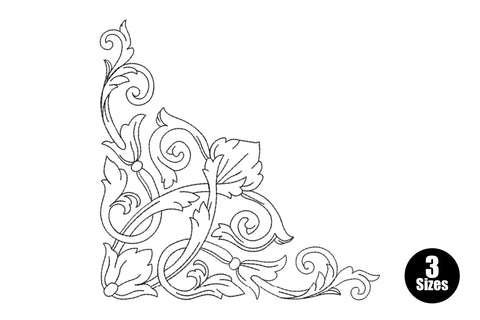 Ornate baroque floral corner embroidery design with spiraling vines, curled scrollwork and leaf clusters forming an L-shaped corner decoration in black outline.