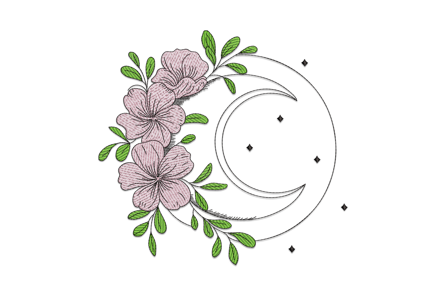 Floral crescent moon embroidery design, blooms and leaves along the inner curve, 3-colour botanical celestial illustration.
