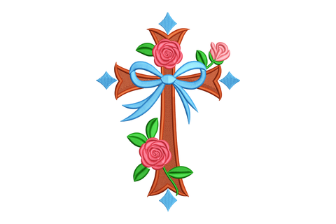 Decorative cross with a blue bow and pink roses on a white background