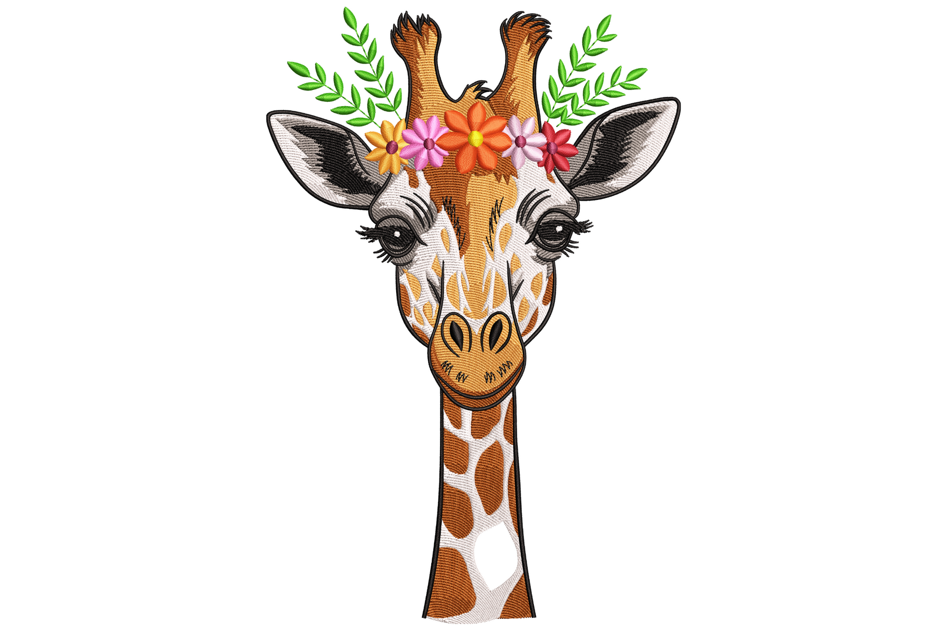 Floral crown giraffe embroidery with caramel tan giraffe head, brown spots, pink and orange flower crown and leafy green fronds.