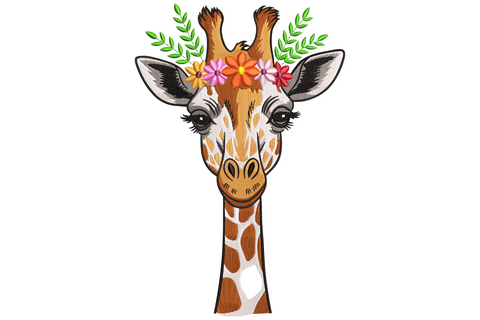 Floral crown giraffe embroidery with caramel tan giraffe head, brown spots, pink and orange flower crown and leafy green fronds.