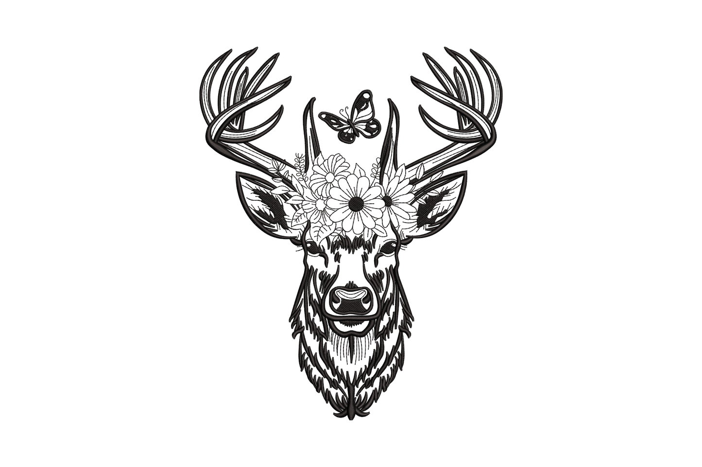 Floral deer head embroidery design, detailed stag with antlers, daisy flower crown and butterfly, single-color satin fill stitches on white background