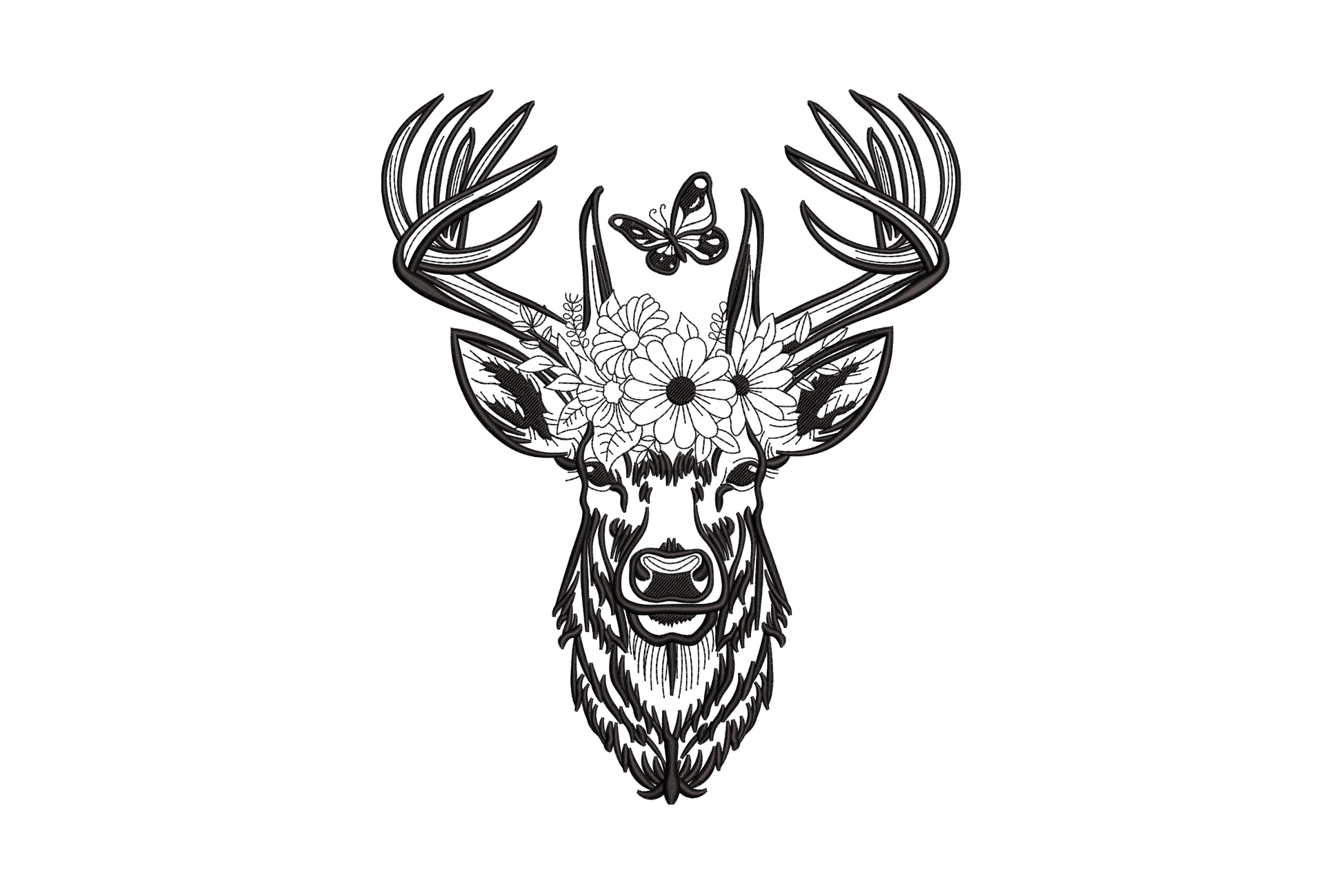 Floral deer head embroidery design, detailed stag with antlers, daisy flower crown and butterfly, single-color satin fill stitches on white background