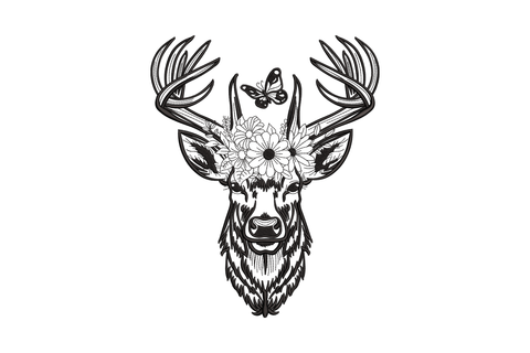 Floral deer head embroidery design, detailed stag with antlers, daisy flower crown and butterfly, single-color satin fill stitches on white background