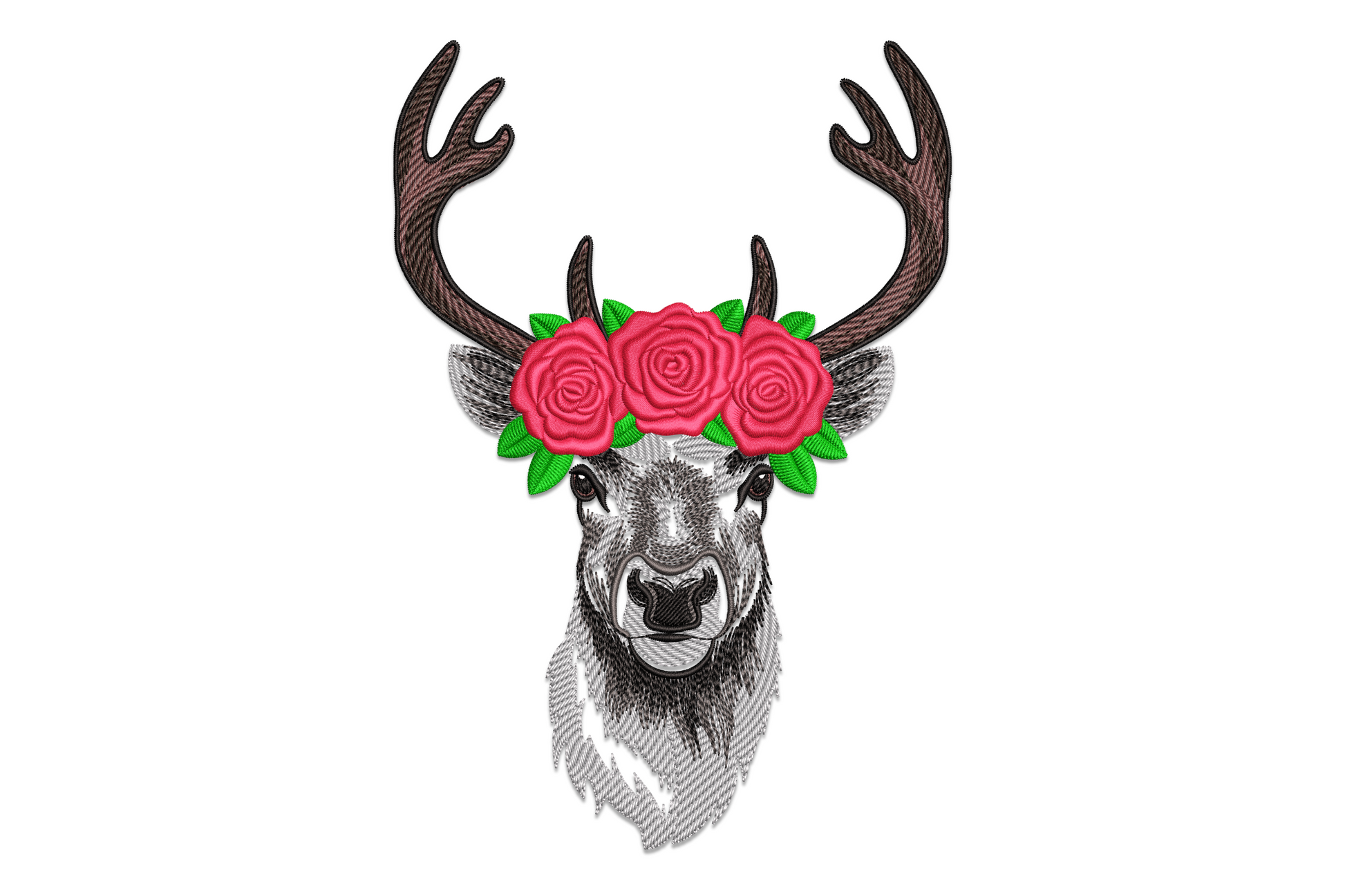 Machine embroidery floral deer head design, front-facing stylised deer with branching antlers bearing small botanical flowers and leaves, eight colour zones in warm tan rose and sage green, low density boho style.