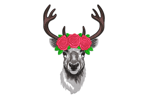 Machine embroidery floral deer head design, front-facing stylised deer with branching antlers bearing small botanical flowers and leaves, eight colour zones in warm tan rose and sage green, low density boho style.