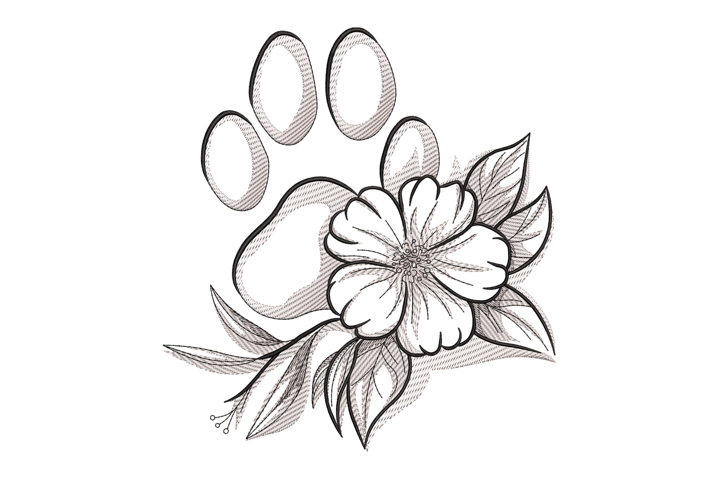 Floral dog paw embroidery with pencil-sketch crosshatch paw print and botanical flower and leaves in charcoal grey.