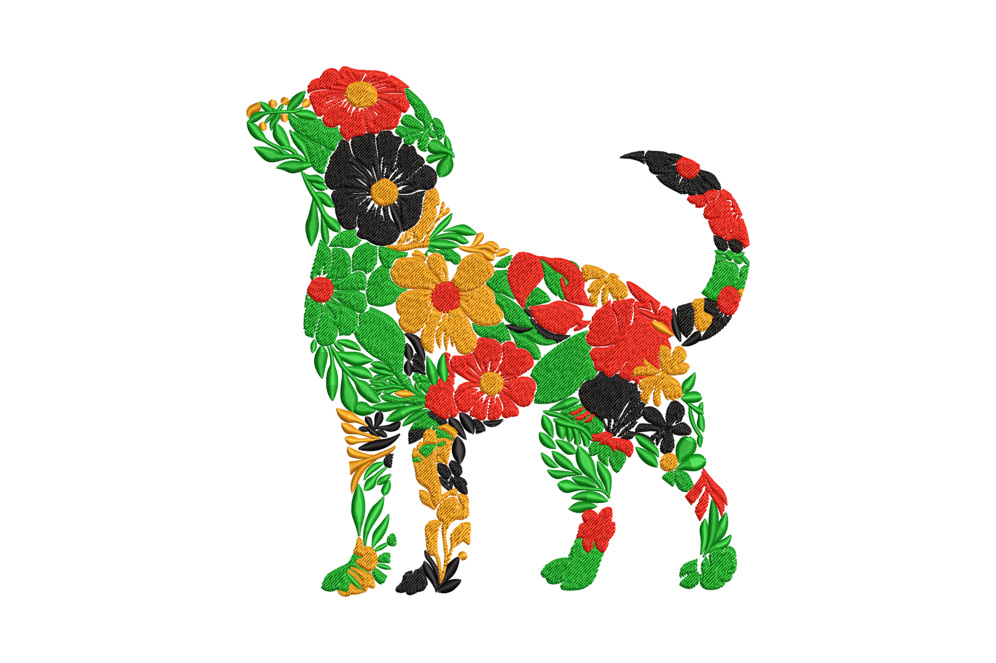 Floral dog silhouette embroidery design, dog filled with botanical flowers in red, gold, green and black on white