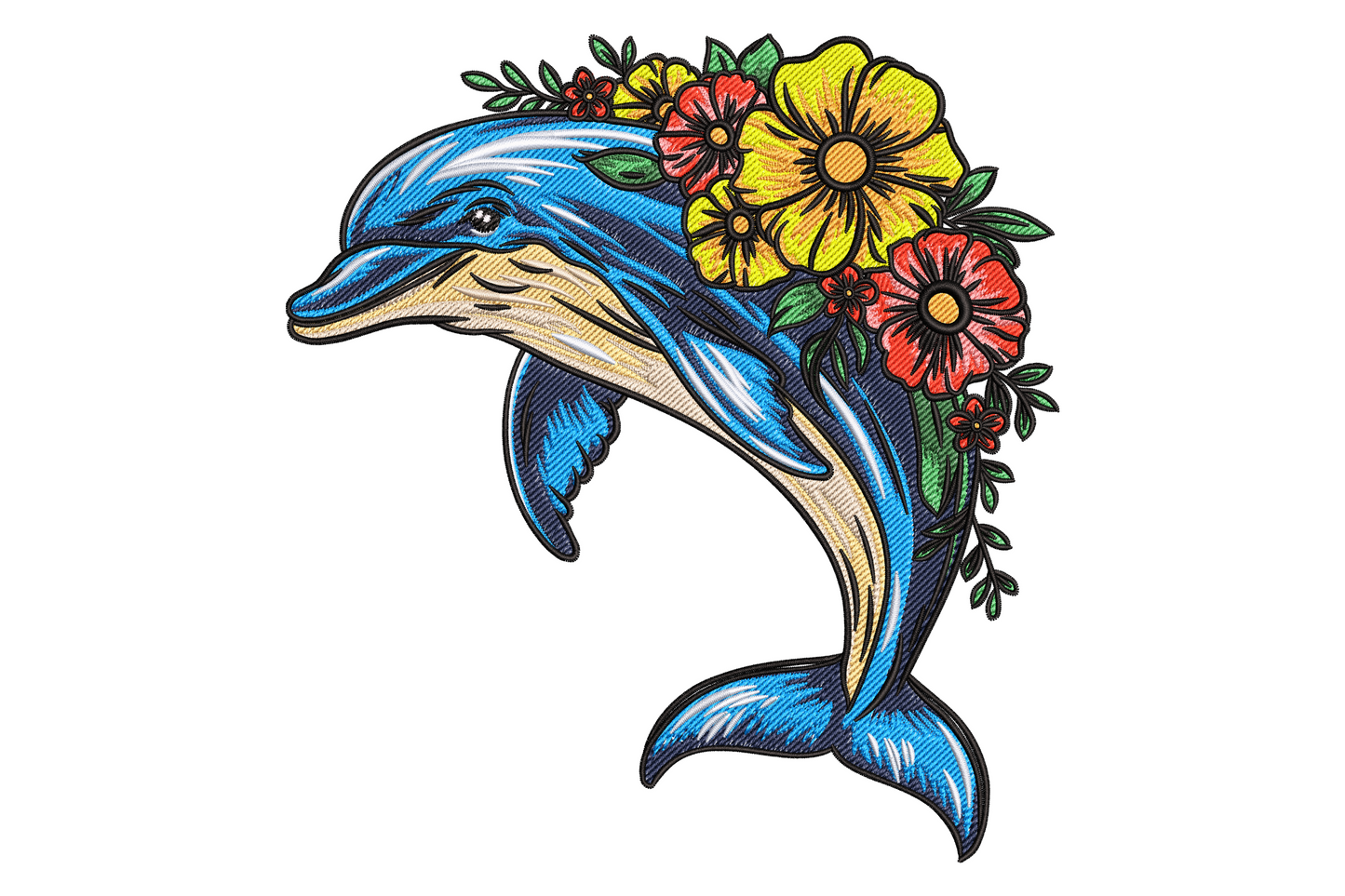 Floral dolphin embroidery design with leaping blue dolphin and vivid yellow red and orange flower crown, bold black outlines and 13 thread colours.