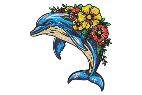 Floral dolphin embroidery design with leaping blue dolphin and vivid yellow red and orange flower crown, bold black outlines and 13 thread colours.