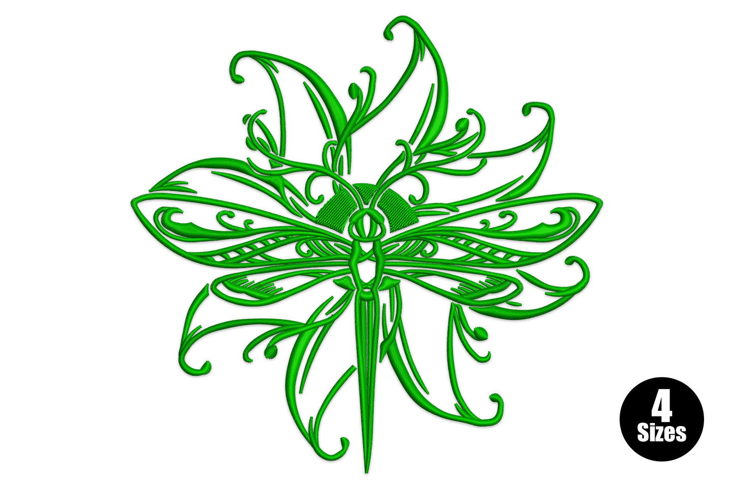 Floral dragonfly embroidery design with botanical swirl wings and satin body, single colour, 4 sizes from 3.9 to 6.8 inches