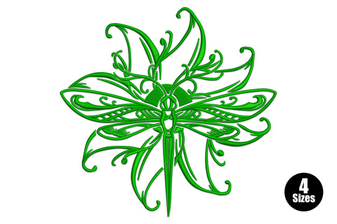 Floral dragonfly embroidery design with botanical swirl wings and satin body, single colour, 4 sizes from 3.9 to 6.8 inches