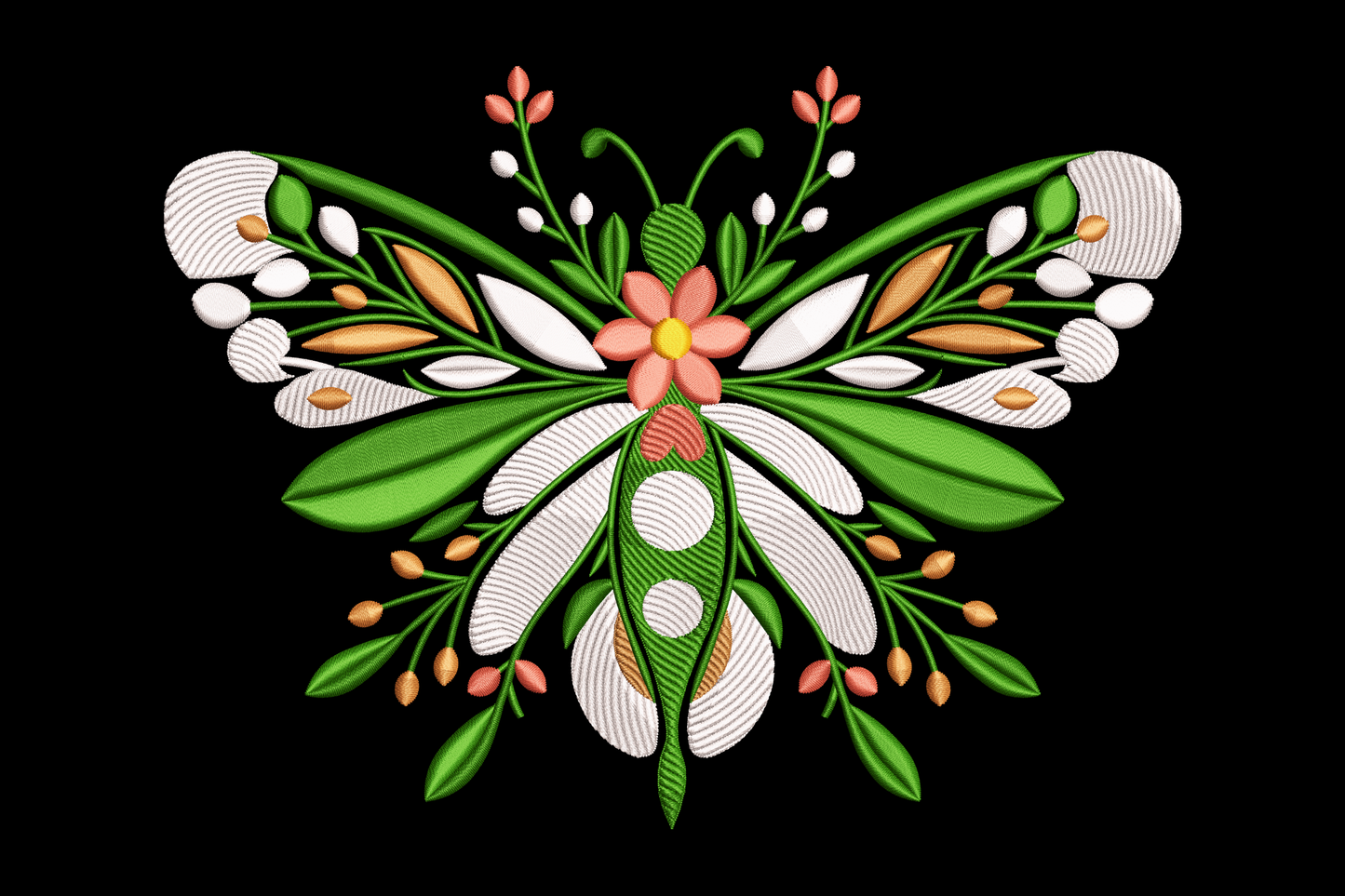 Decorative butterfly design with flowers on a black background