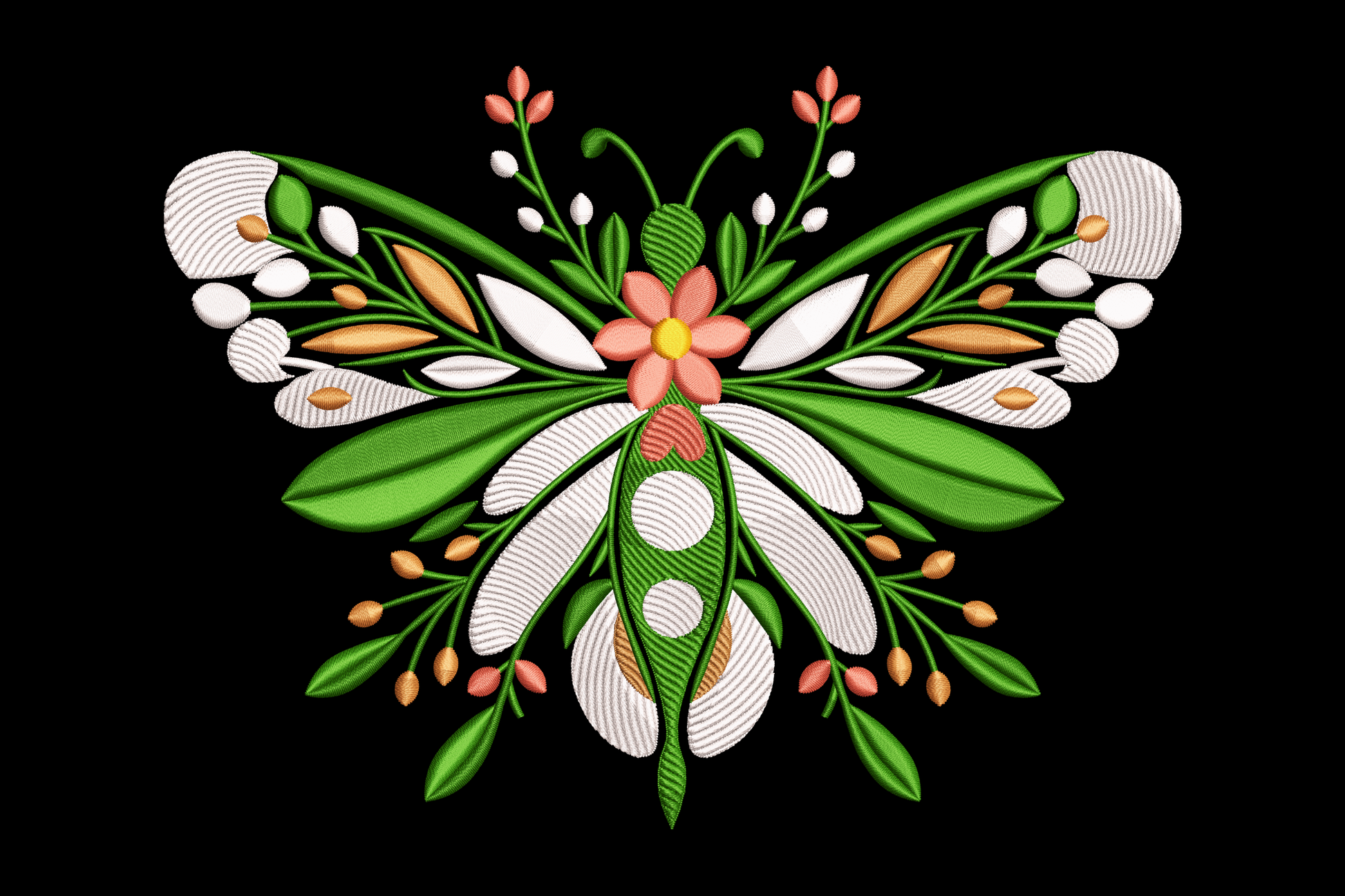 Decorative butterfly design with flowers on a black background