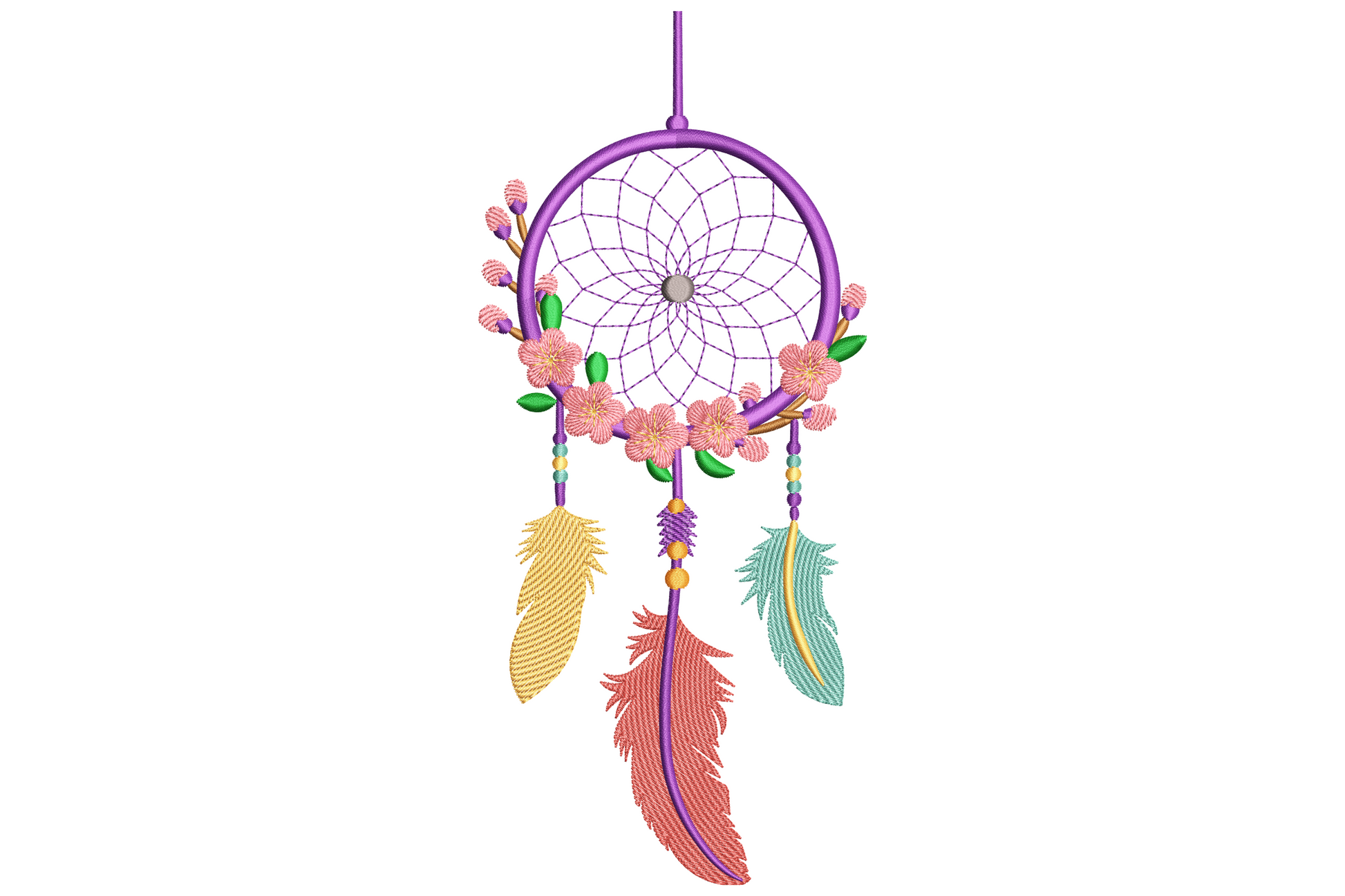 Floral dreamcatcher embroidery with purple ring, cherry blossom flowers, open web centre and three hanging feathers in yellow, coral and teal.