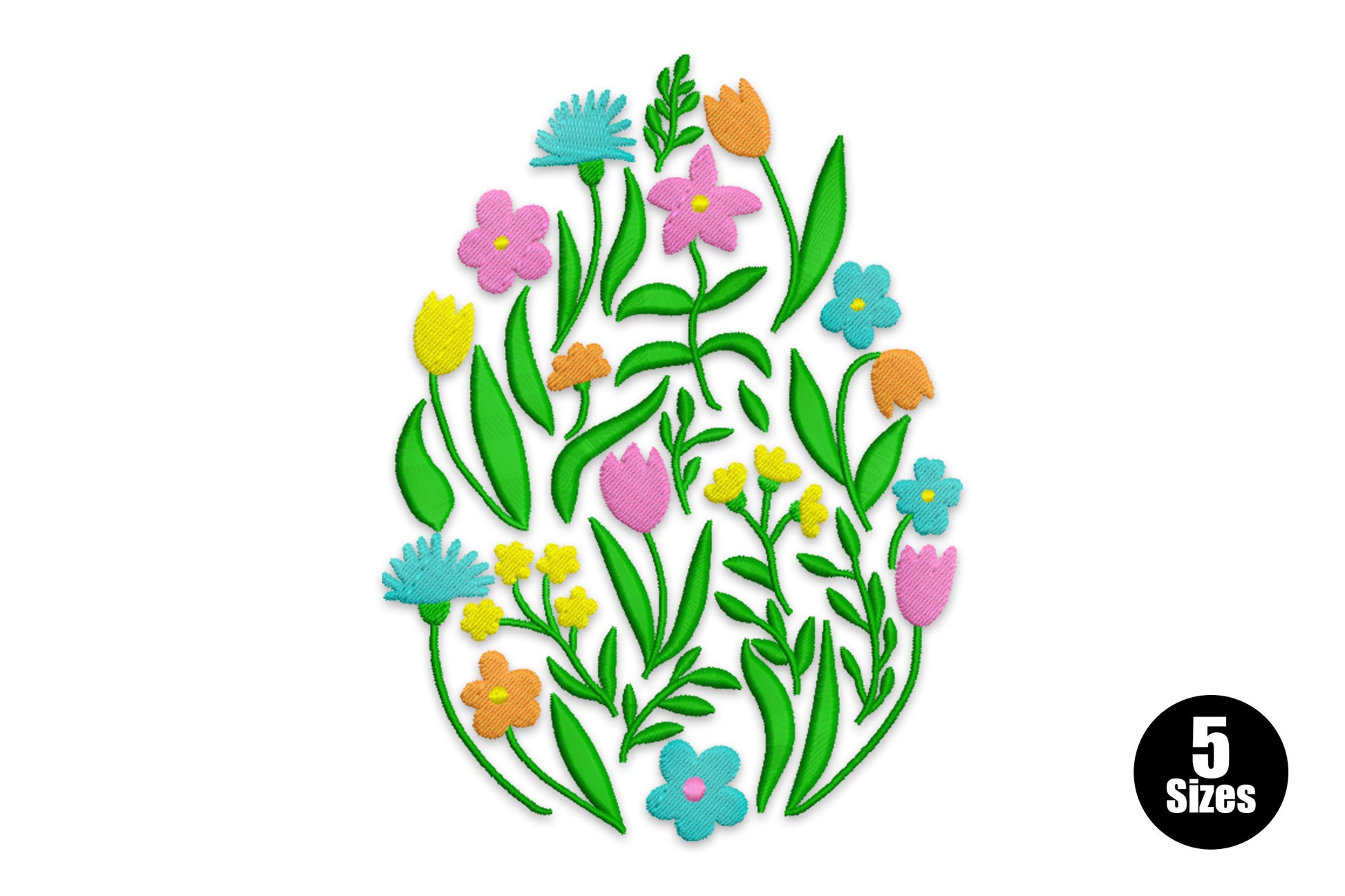 Floral easter egg embroidery with pink daisies, yellow tulips and orange bellflowers forming an egg-shaped arrangement.