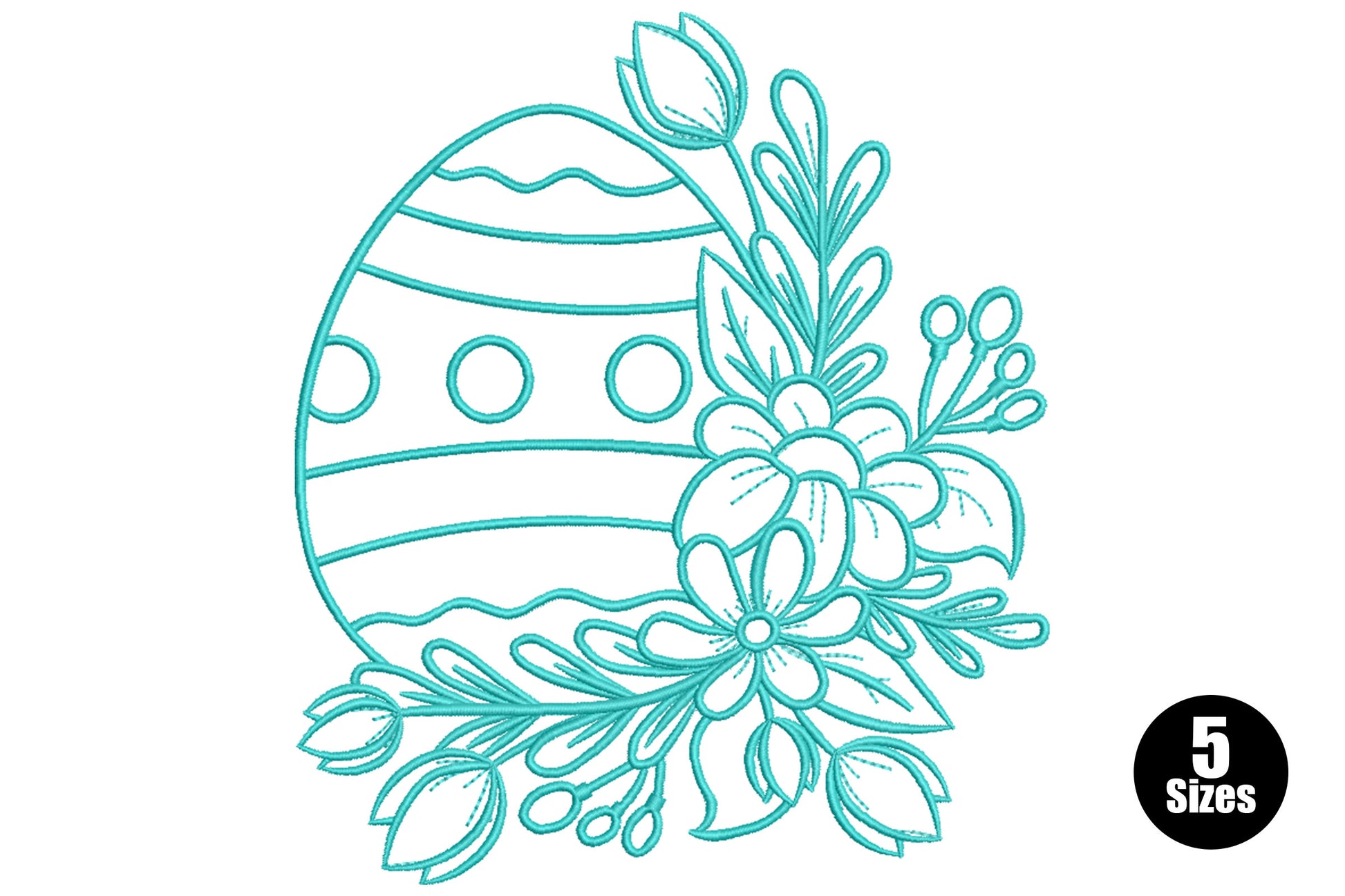 Floral Easter egg line art embroidery in aqua thread with outlined egg, stripe bands and botanical floral spray on white.