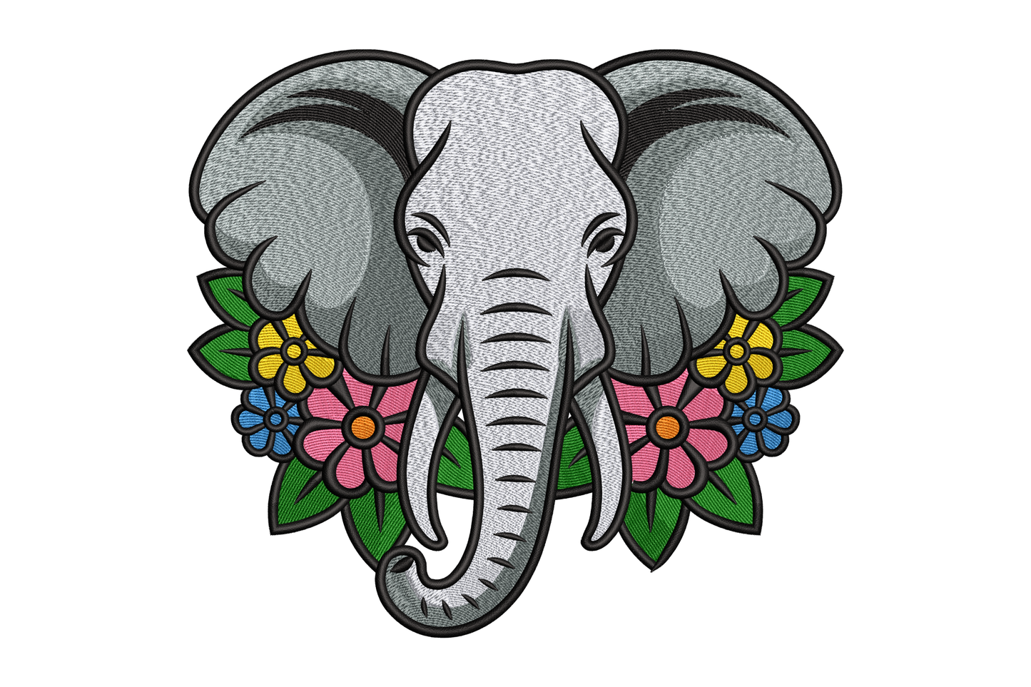 Decorative elephant with floral patterns on a white background