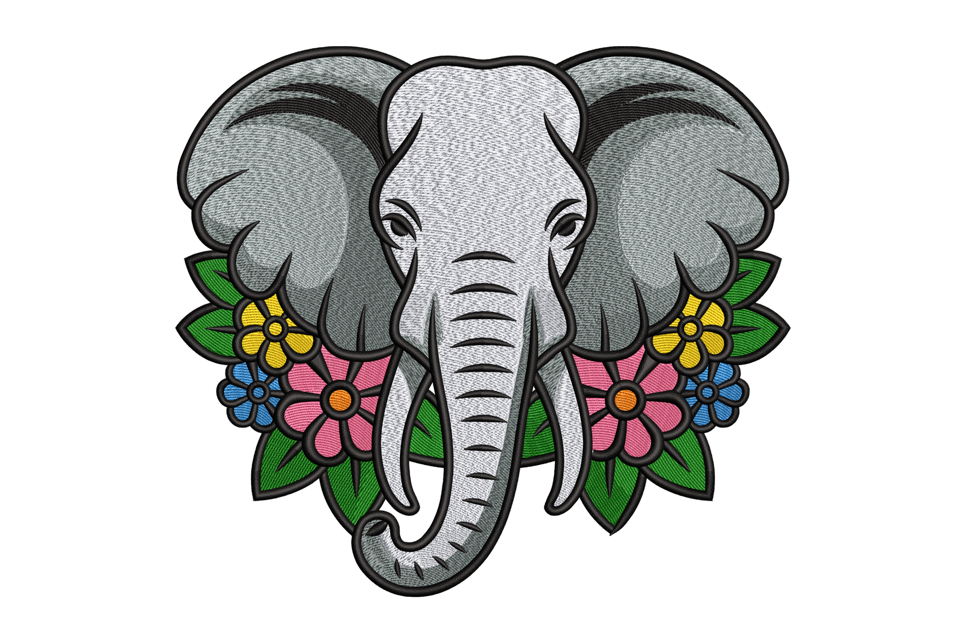 Decorative elephant with floral patterns on a white background
