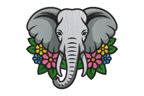 Decorative elephant with floral patterns on a white background