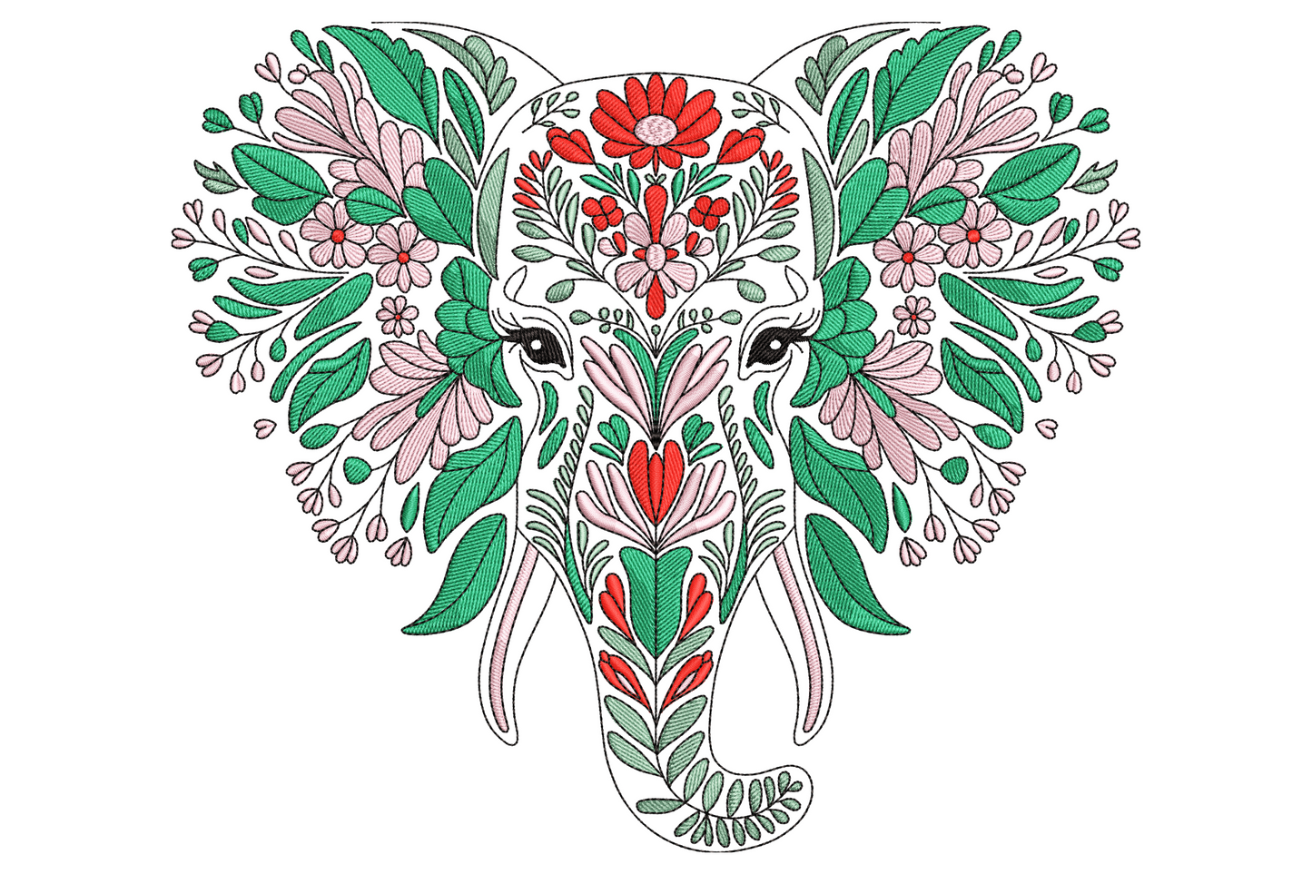 Boho floral elephant head embroidery, face built from green leaves, pink blooms and red daisy flowers, black eyes visible through the greenery.