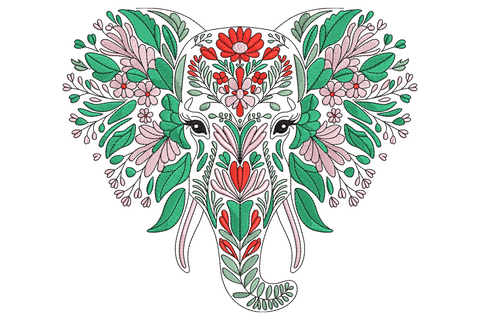 Boho floral elephant head embroidery, face built from green leaves, pink blooms and red daisy flowers, black eyes visible through the greenery.