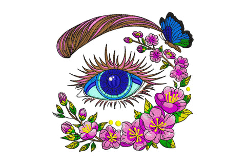 Floral eye embroidery, navy blue iris, pink lashes, blue morpho butterfly, cherry blossoms and magenta blooms, 11 colours.