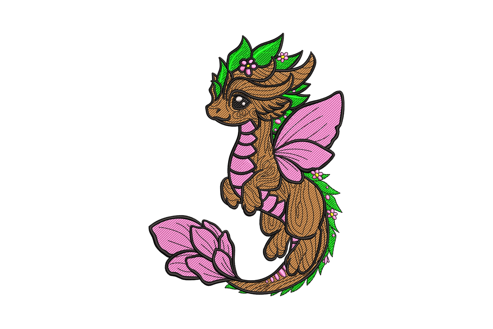 Floral fairy dragon embroidery design in an S-curve pose with pink butterfly wings, chestnut brown scales, green leaf crest, tiny flower accents and a curled petal tail tip.