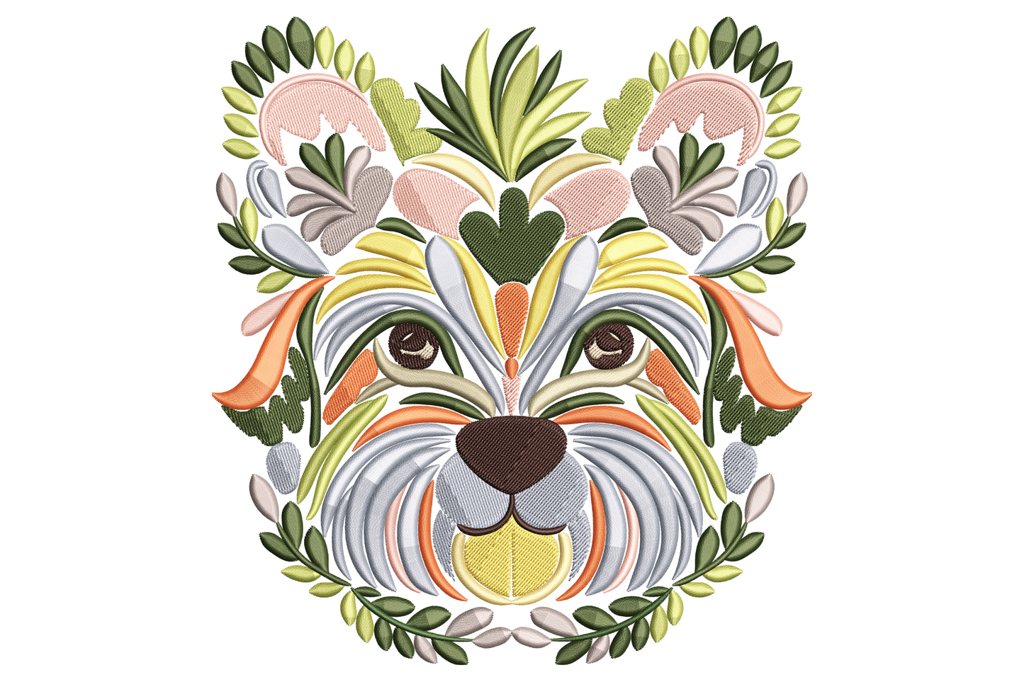 Folk art floral dog face embroidery made from leaves and petals with pink ears green leaf collar wreath and tongue out