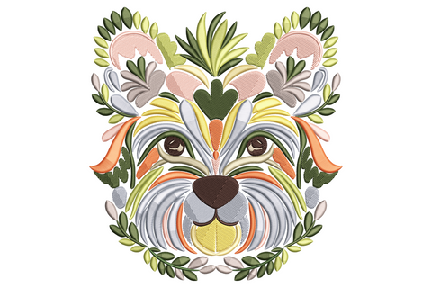 Folk art floral dog face embroidery made from leaves and petals with pink ears green leaf collar wreath and tongue out