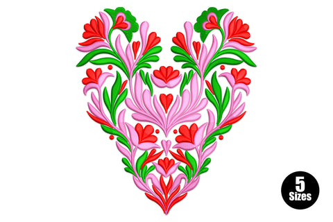 Floral folk art heart embroidery design in dark green vines with pink and red folk flowers clustered inside the heart shape.