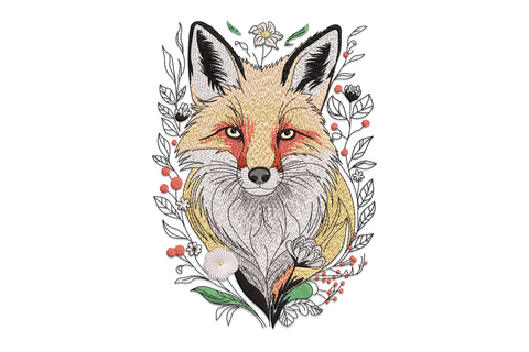 Floral fox machine embroidery design showing sitting russet-orange fox with white chest, scattered pink daisies and green leaf sprigs across body and tail, whimsical woodland style.