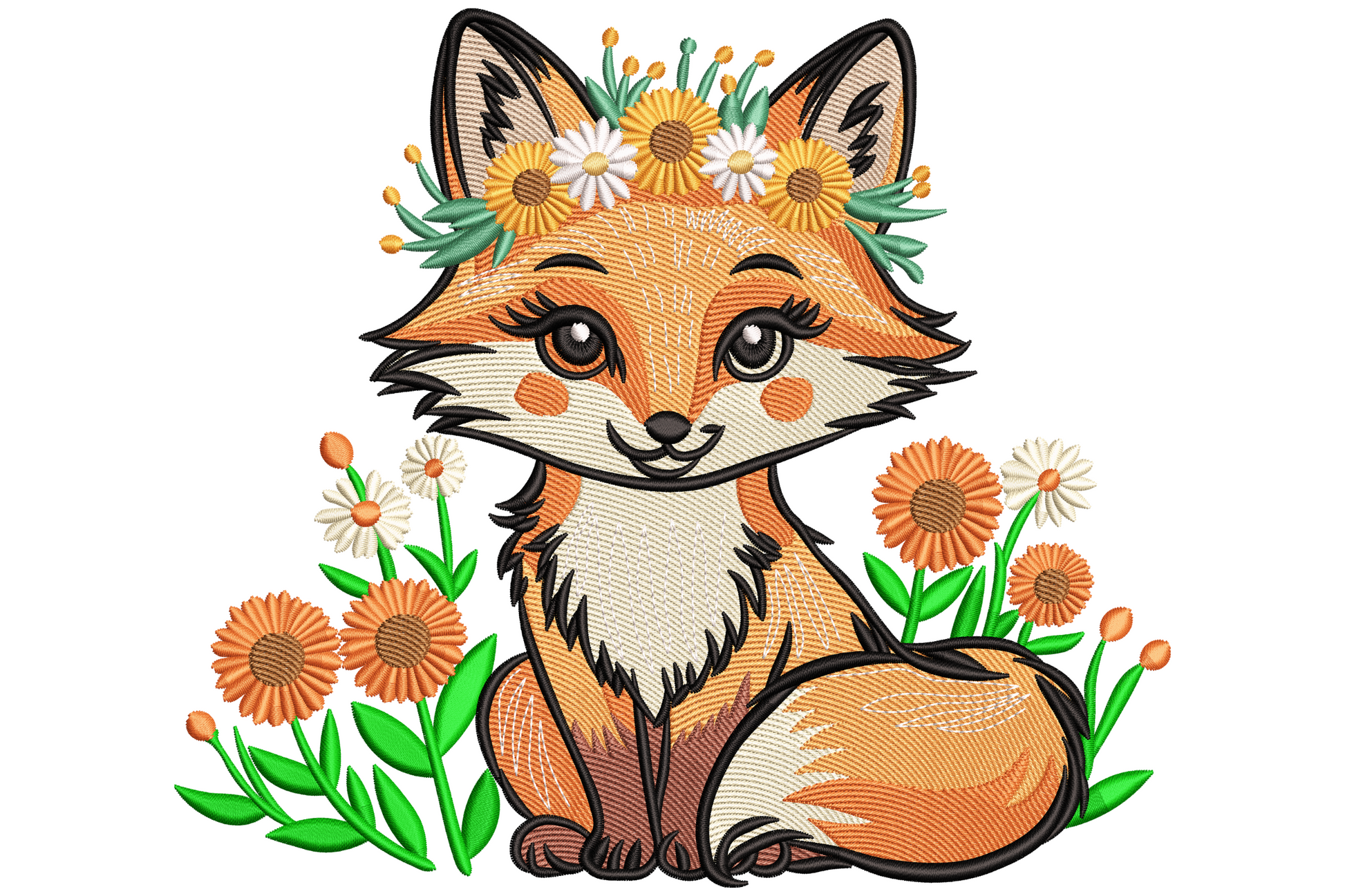 Floral fox embroidery design showing a cute sitting fox cub with a flower crown of daisies and yellow blooms, surrounded by orange flowers and green leaves.