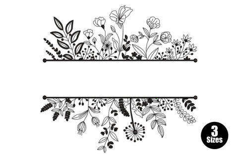 Split wildflower border design with dark green and black botanical blooms, lavender spikes and dandelion heads, in 3 hoop sizes.