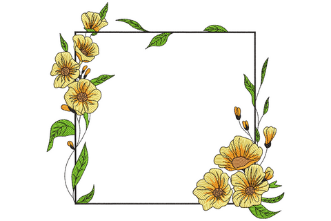 Floral frame embroidery with thin black rectangular border, soft yellow flowers and green leaves clustered at bottom corners.
